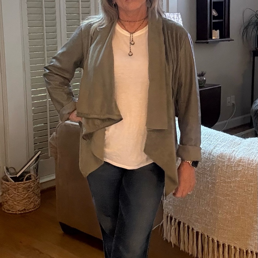 Women's BLANKNYC Olive Green Vegan Leather and Suede Jacket from Anthropologie.
